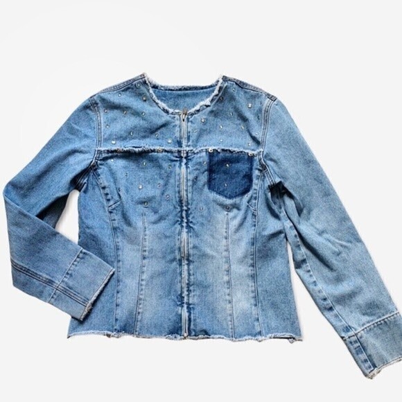 Vintage 80s Express Denim Jean Jacket Studded Fitted Collarless Inside Out Seams - Picture 6 of 16